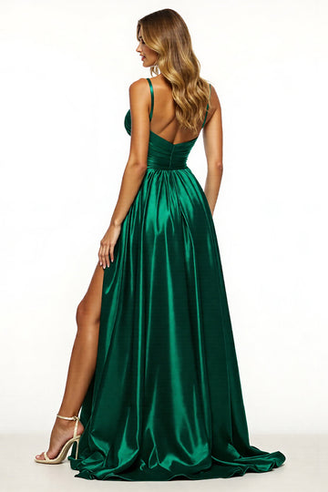 A Line Dark Green V Neck Long Prom Dress
